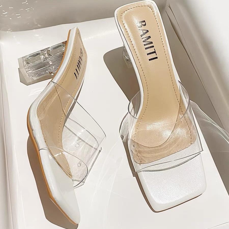 One-word Slippers for Women's Summer Wear 2024 New Square Head Crystal Thick Heel Transparent Sexy High Heels Temperament Sandals
