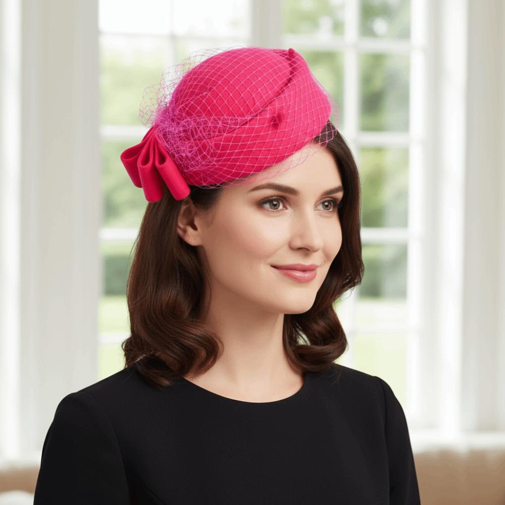 British Style Pillbox Hat Solid Color Topper Hat Elegant Wool Bow Hat with Veil  Bride