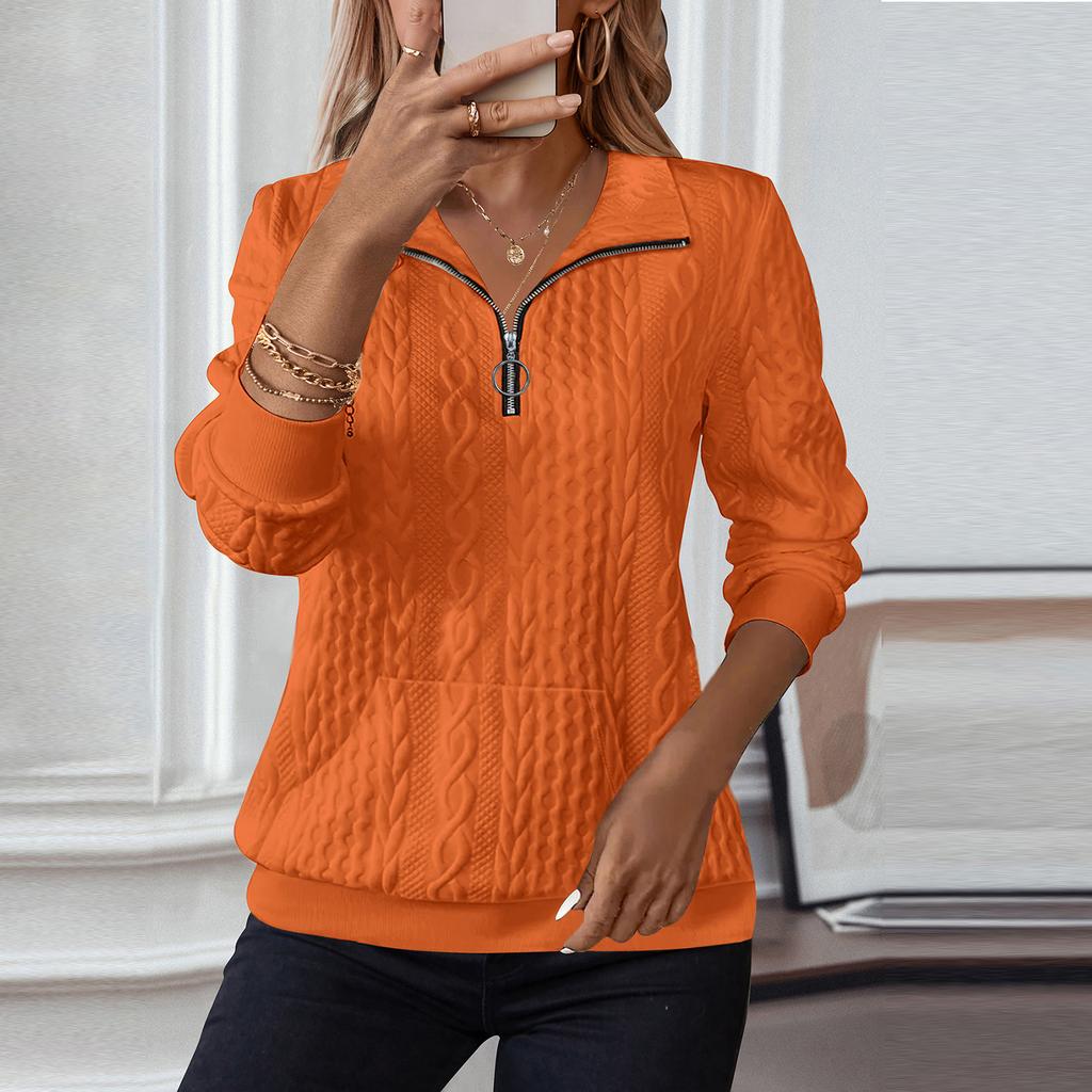 Women's Fashion Long Sleeve Solid Color Casual Collared Zipper Long Sleeve Pocket Sweatshirt