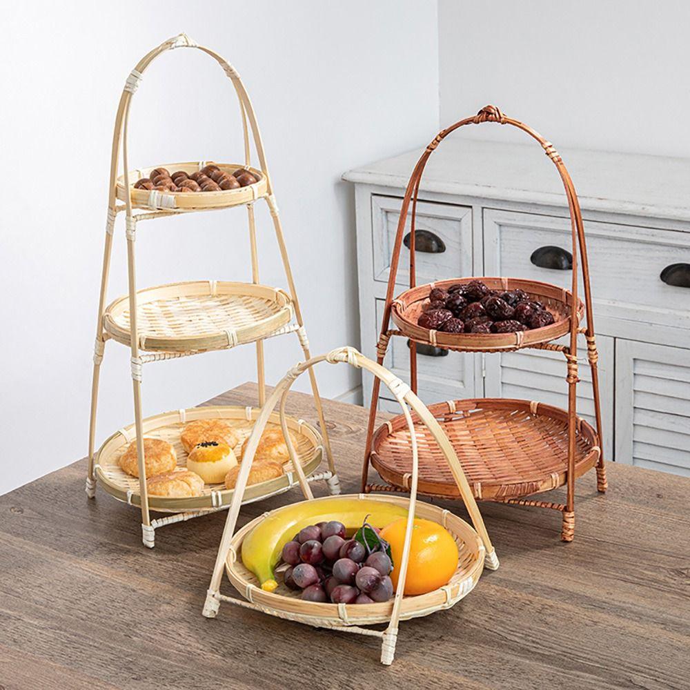 1Pcs 1/2/3 Layers Storage Basket Multi-function Standing Tray Bamboo Woven Basket For Kitchen
