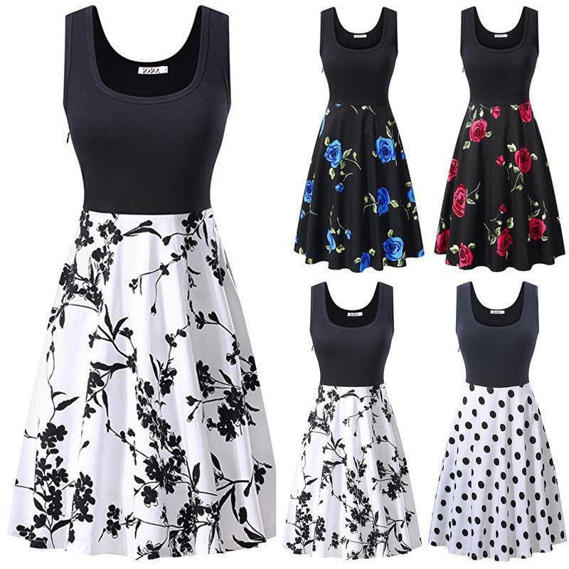 Womens Retro Floral Print Sleeveless Cotton Dress With Round Neck For Summer Vintage Style