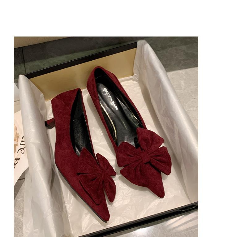Французские замшевые туфли-лодочки с острым носком женские осень 2024 новая модель тонкий каблук универсальный темперамент бант профессиональные туфли для работы