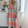 Women Spring Dress Bohemian Casual Color Matching V-neck Loose Dress-up Geometric Print Lantern Sleeves Lady Maxi Dress Female Clothes