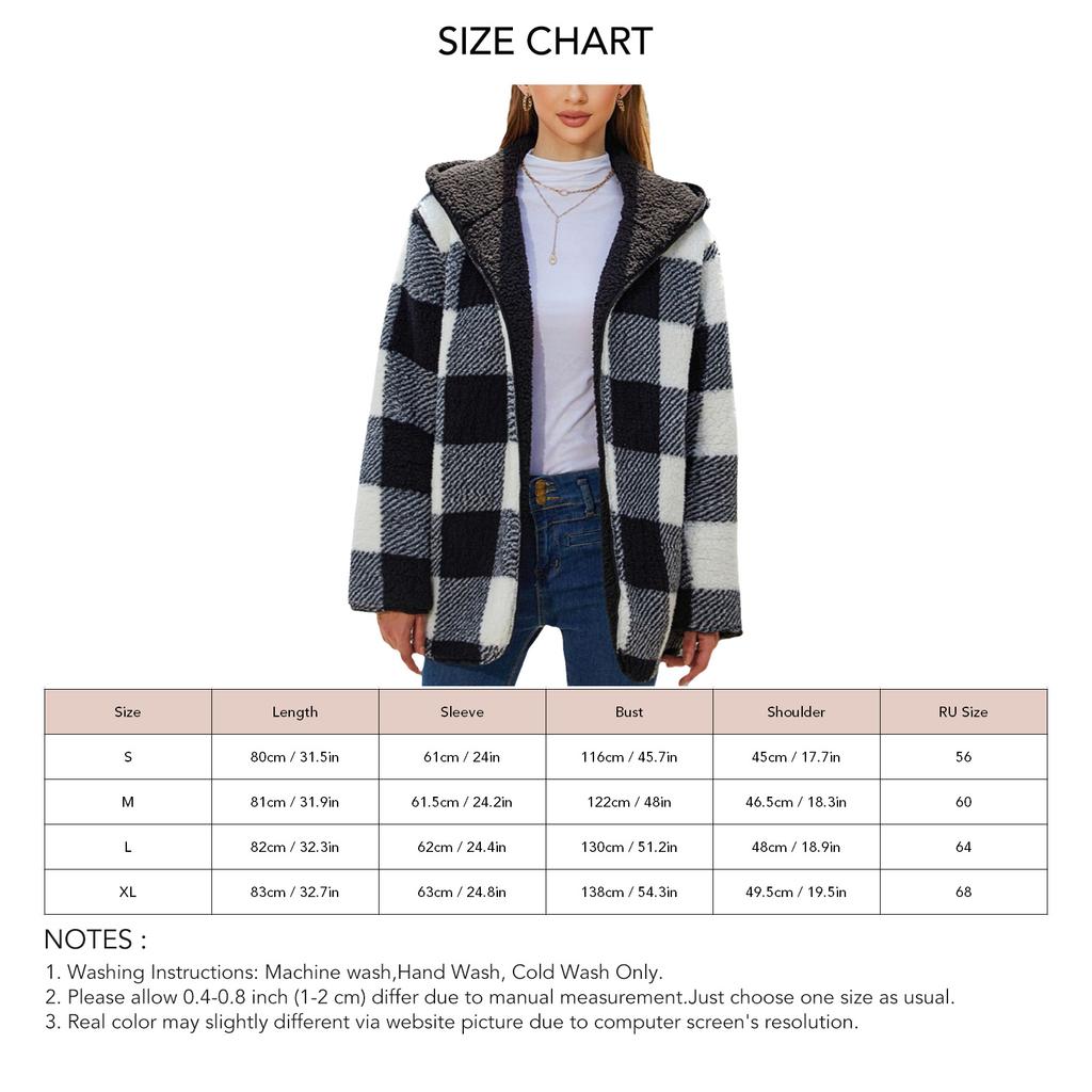 Plaid Plush Coat Open Front Loose Fitted Pocket Hoodie Double Side Plush Coat for Daily Life Black
