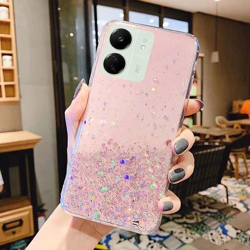 Phone Case for Xiaomi Redmi 13C 4G 13 C Gold Foil Shiny Bling Glitter Star Soft Case for POCO C65 C 65 Gradient Transparent Silicone TPU Back Cover
