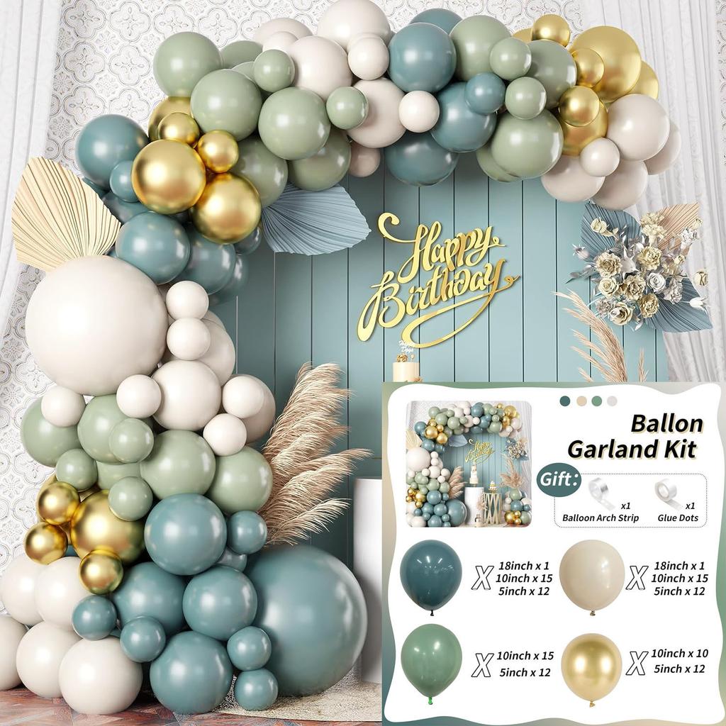 Mori Set Green Latex Balloon Chain Set Vintage Themed Birthday Party Decorative Jungle Set