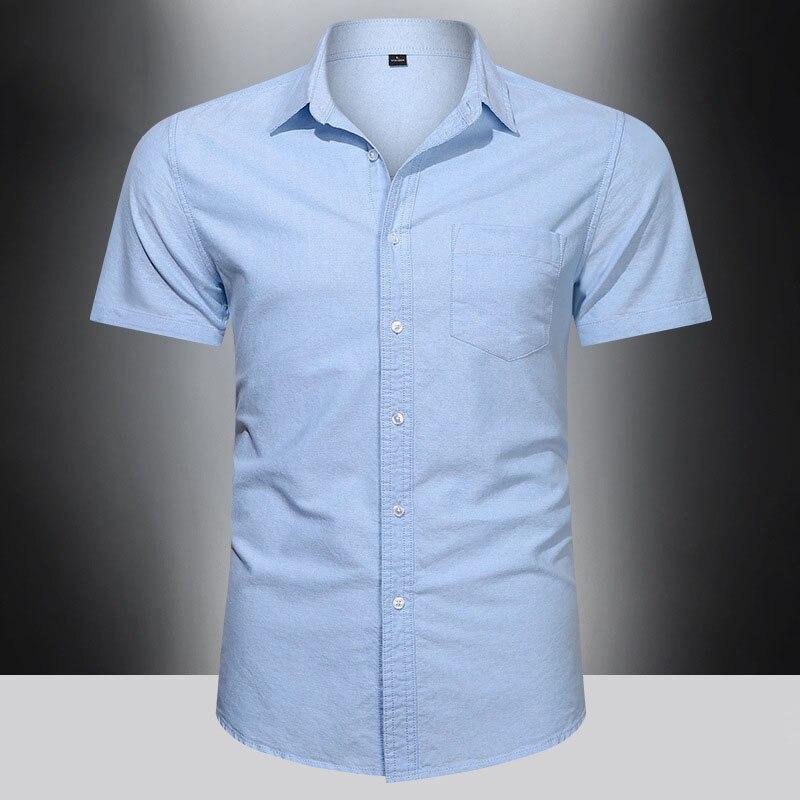 Men‘s Cotton Shirt Breathable Sweat-Absorbent Smart Casual Short-Sleeve Summer Men Solid Color Turn-Down Collar Shirts Plus Size