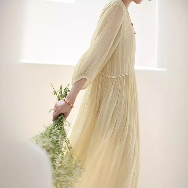 Johnature Винтажное платье с круглым вырезом и длиной три четверти, свободное платье А-силуэта, женское, осеннее, однотонное, с круглым вырезом и рукавами-фонариками