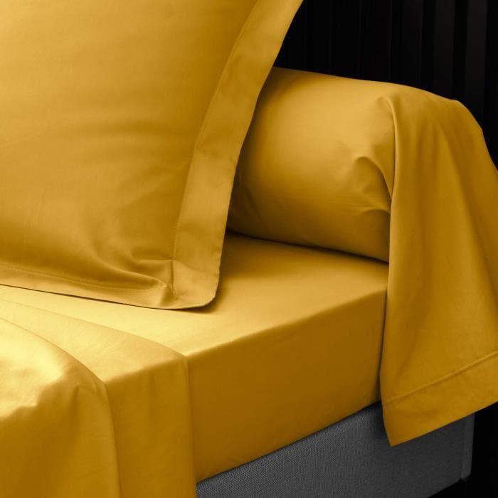 Drap plat - Coton - Jaune curry - 180 x 290 cm - OEKO-TEX® - Lavable à 30°