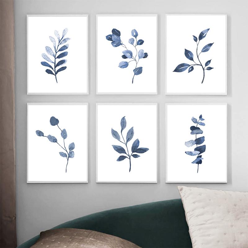 Branches and Leaves Canvas Painting Indigo Blue Botanical Posters and Prints Navy Blue Wall Picturefor Living Room Home Decor