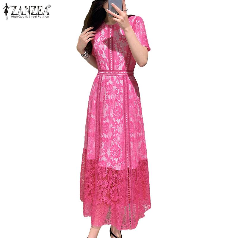 ZANZEA Women Casual Round Neck Short Sleeve Summer Lace Patchwork Dress