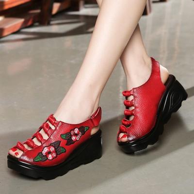 Роскошные этнические туфли из натуральной кожи для женщин, осенние туфли на покатом каблуке с круглым носком, вышитые туфли в стиле ретро с неглубоким носком