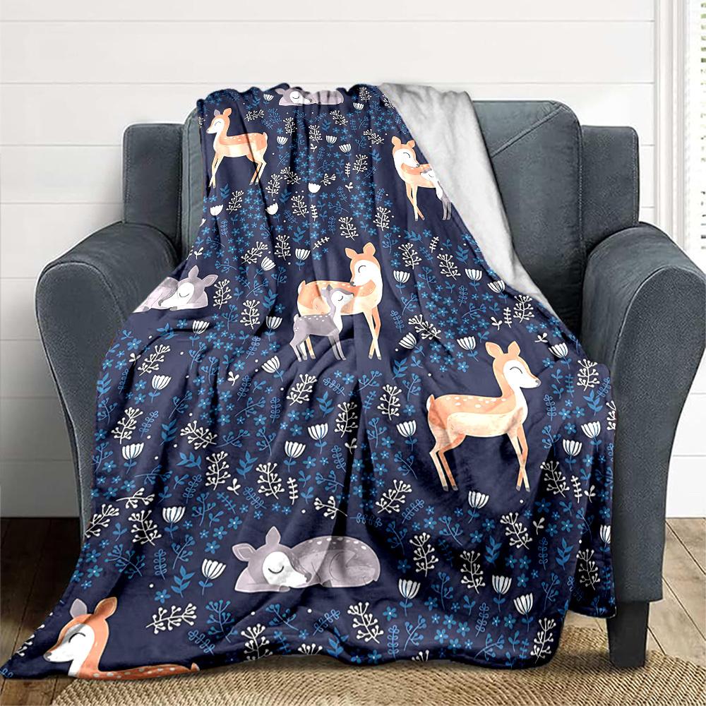 1pc Deer Floral Lightweight Flannel Blanket, Comfortable and Warm Blanket, for Office and Camping Sofa Bed, Livingroom130