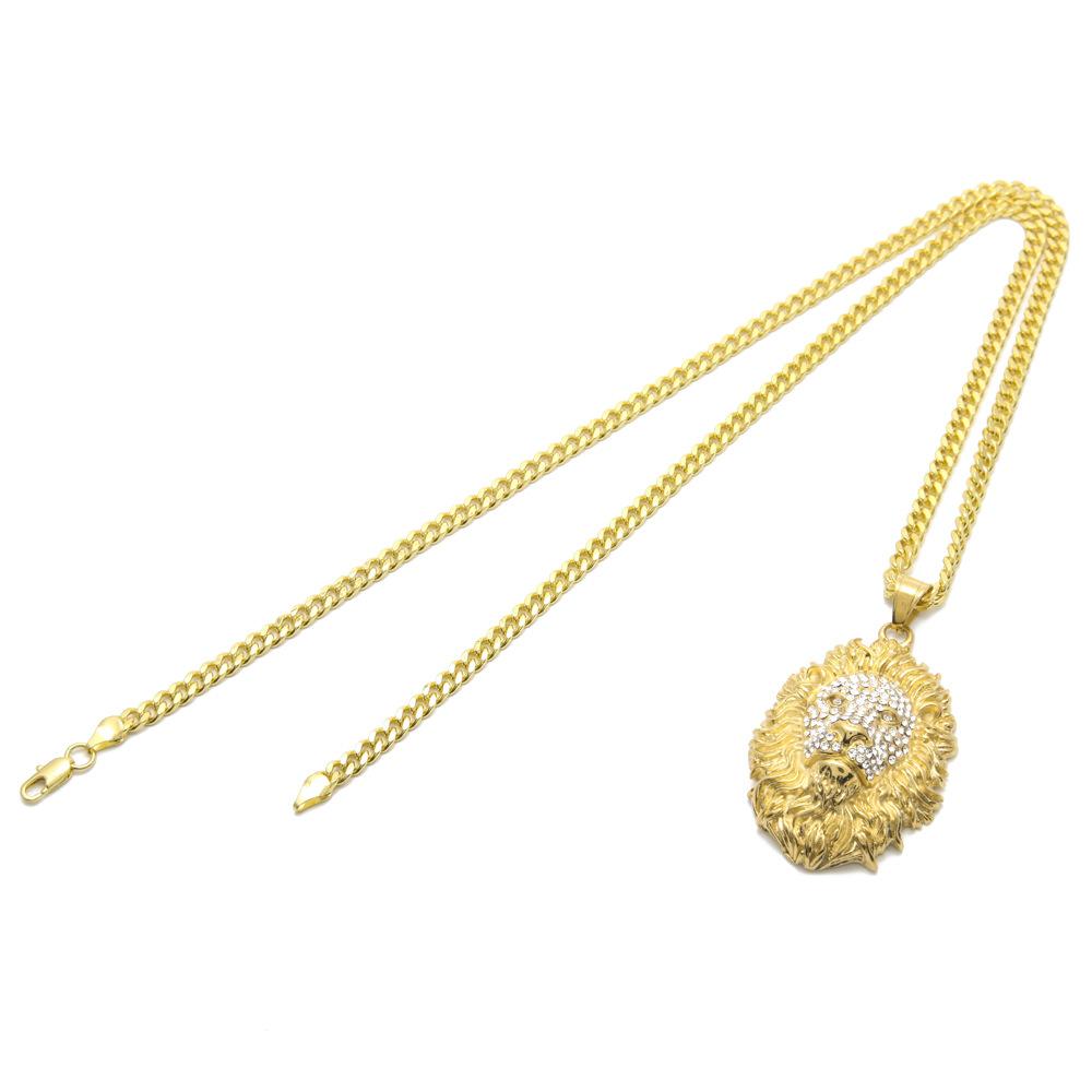 European Hip Hop Full Diamond Lion's Head Pendant Necklace Men's Personality Diamond Animal Stainless Steel Cuban Link Chain Accessories