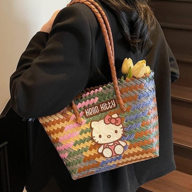 Woven Basket Bag Cartoon Large Capacity Rattan Bag Fashion Versatile Handbag Small Square Bag