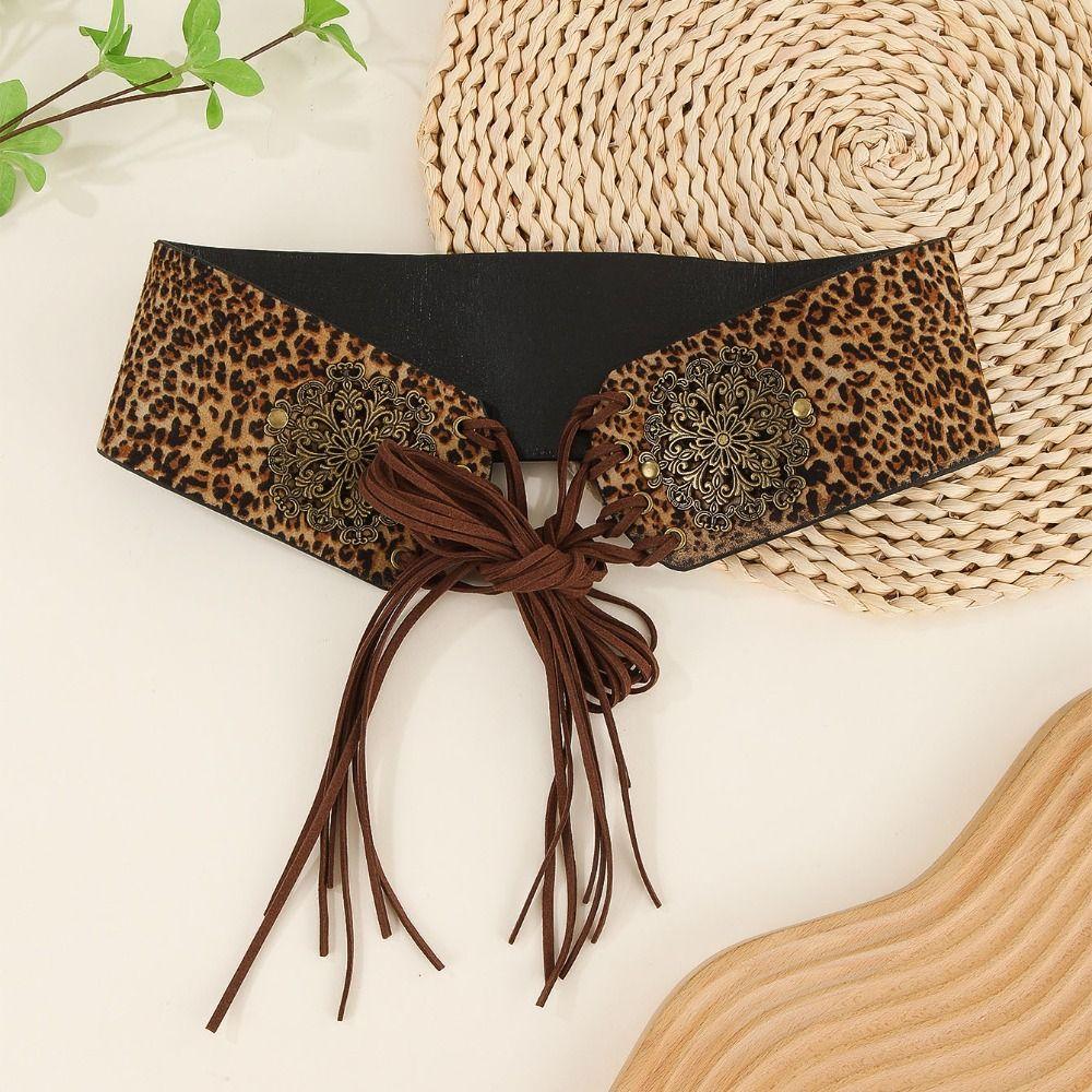 Leopard Print West Cowboy Waist Belt Trouser Decoration Pu Waistbands Splicing Rings Belt  Daily
