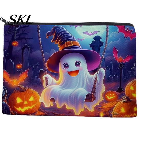 Portable Storage Bag Halloween Bag, with Colorful Cartoon Ghost Print, Durable Canvas Pouch Makeup Zipper Large Capacity Lightweight Travel