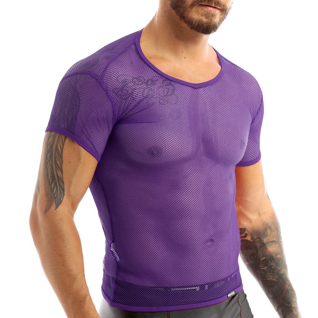 Mens Blouses Mesh Fishnet Short Sleeve Sheer Tank Top T-shirt Vest Tee