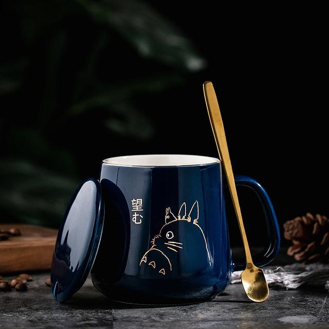400ml New Product European Style Light Luxury Gold-painted Ceramic Coffee Mug with Lid Spoon Water Cup Cartoon Totoro Mug