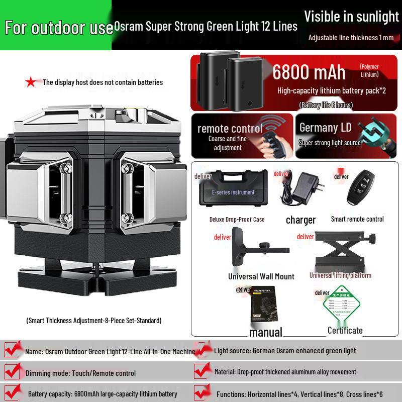 12-линейный зеленый лазерный уровень: Высокоточный, Сильный Свет, Инфракрасное Автоматическое Выравнивание для Стен и Полов