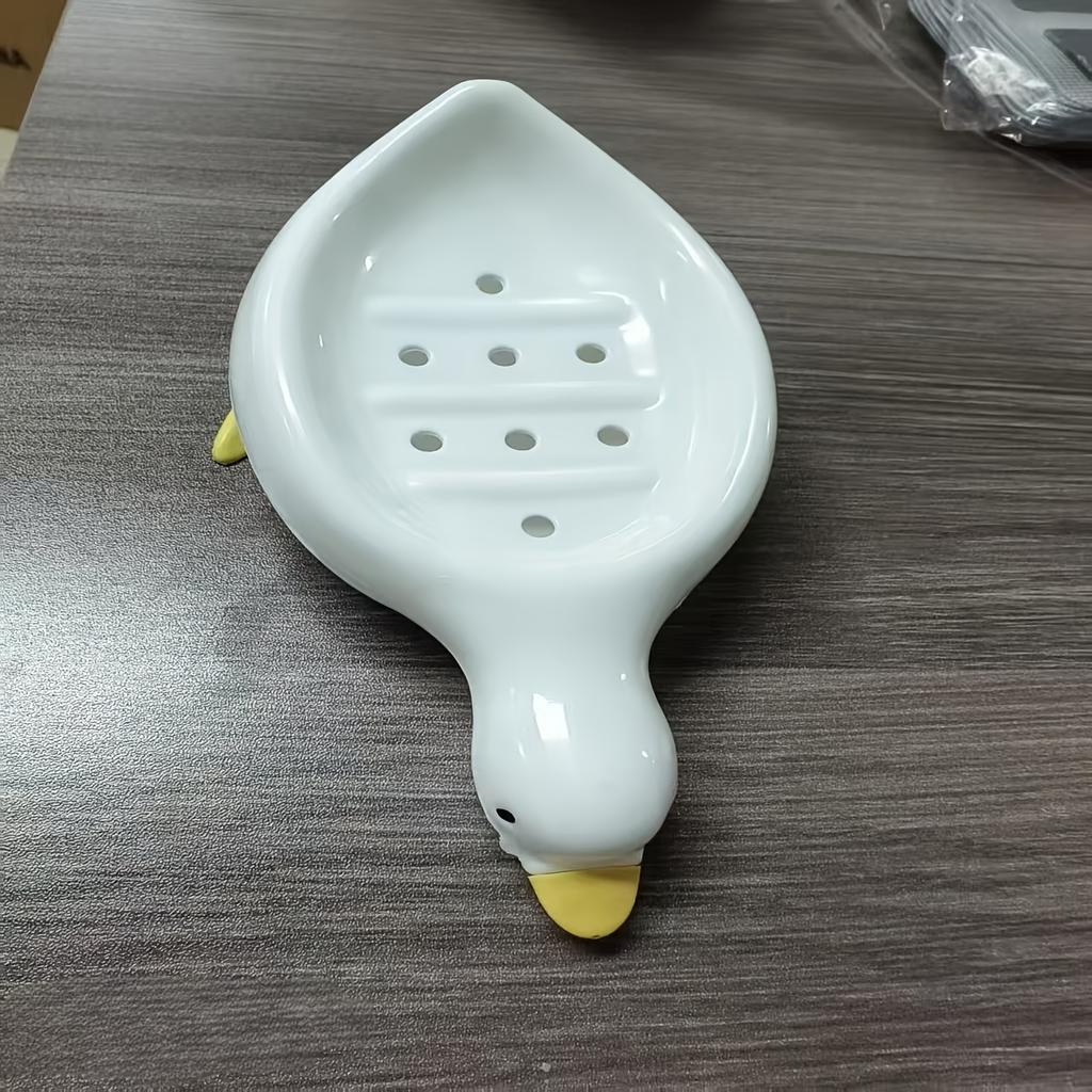 Charming Duck-Shaped Soap Dish - Self-Draining Oval Tray, White with Yellow Accents, Multifunctional Bathroom Accessory for Dry, Clean Soap