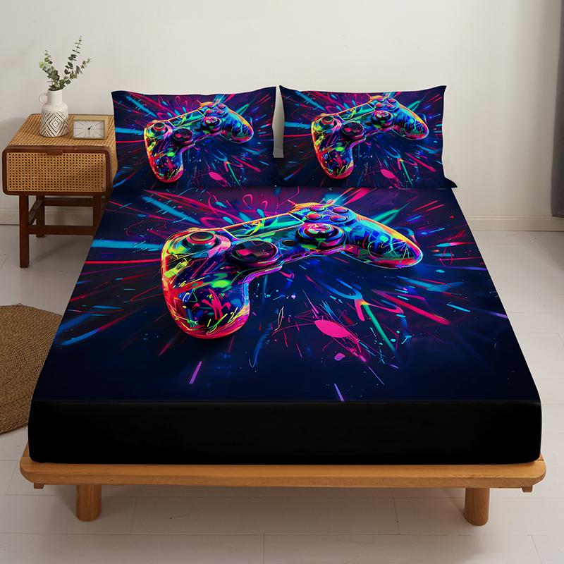 3Pc Colorful Spark Game Console Bed Sheet, 1 Fitted Sheet+2 Pillowcases, Digital Printing Technology, Available For All Seasons
