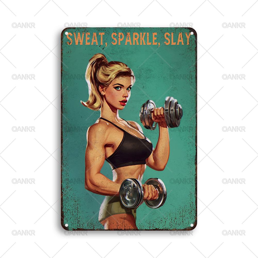 Vintage Fitness Metal Tin Sign Chic Sweat Sparkle Slay Girl Dumbbell Metal Signs for Man Cave Gym Home Wall Decor Plaque