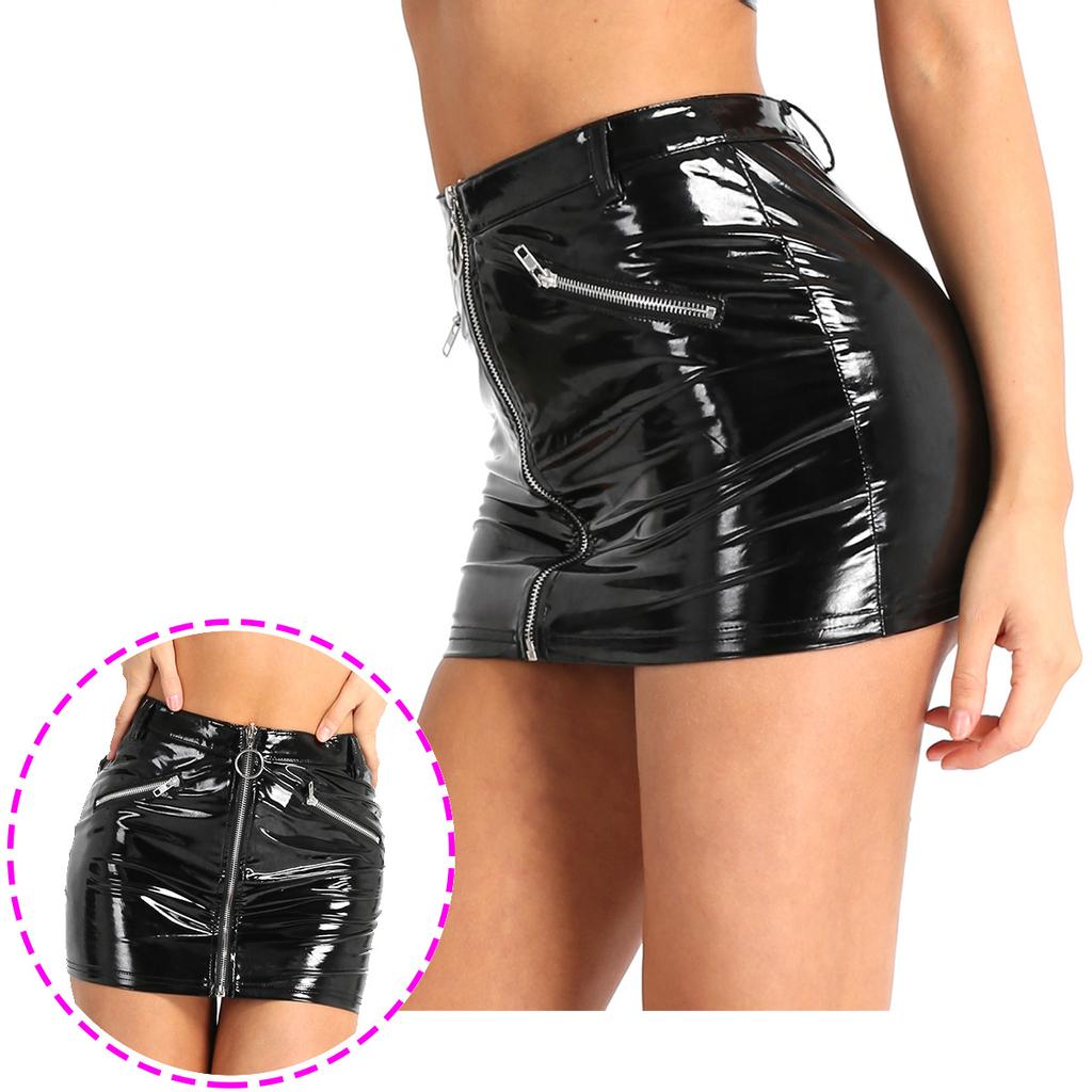 Женские блестящие кожаные короткие юбки-карандаш на молнии из ПВХ