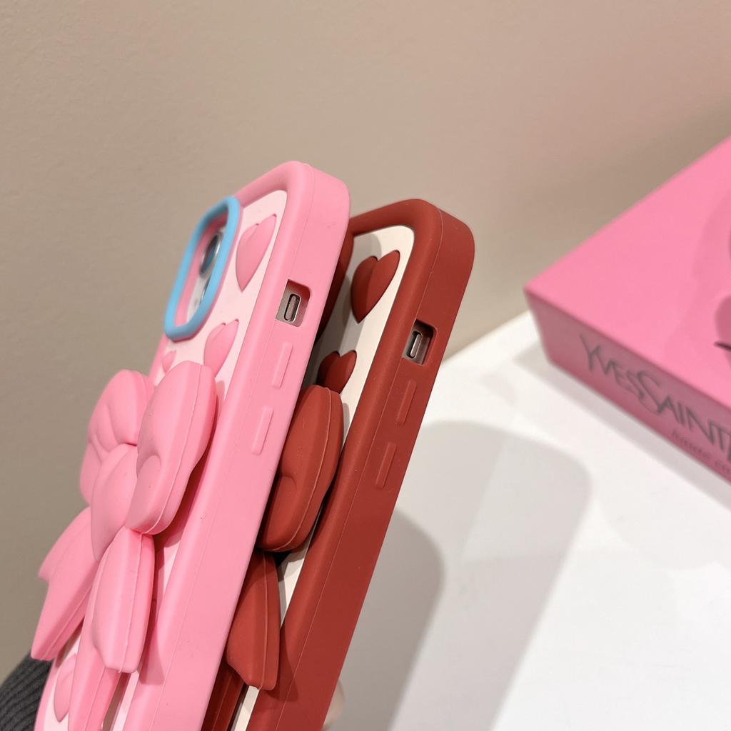 Cute Cartoon 3D Bow-knot Bracket Phone Case for iPhone 11 12 13 14 15 Pro Max 12 Pro 13 Pro 14 Pro Max Anti-drop Soft Silicone Cover