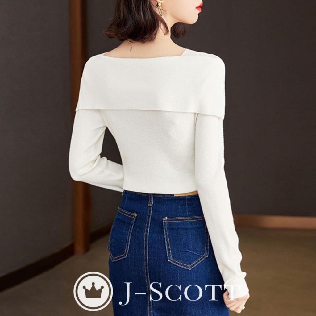Boat Neck Knit Top with Ribbon Slim J-Scott Motif, Lightweight, Soft, Fit, 1/4 Sleeves, White, JS112-WH-L