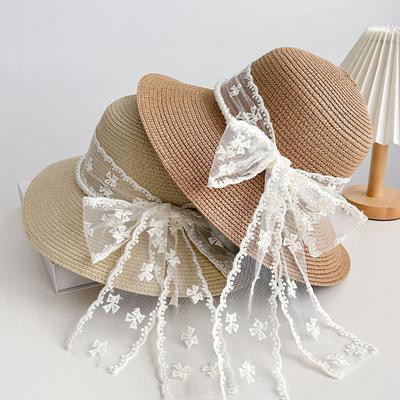 Милая жемчужная кружевная соломенная шляпа с бантом, женская пляжная шляпа, универсальная соломенная шляпа, солнцезащитная дорожная шляпа с козырьком от солнца