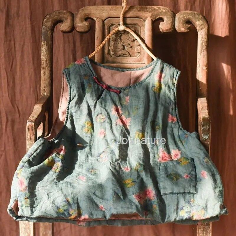 Johnature Women Vintage Print Floral Pullover Vests Coats O-Neck Patchwork Pockets Clothes Spring Chinese Style Vests