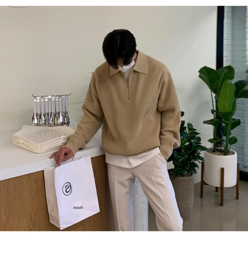 Men's Retro Korean Half-Zip Lapel Sweater - Loose Fit, Autumn/Winter Style Casual Trend