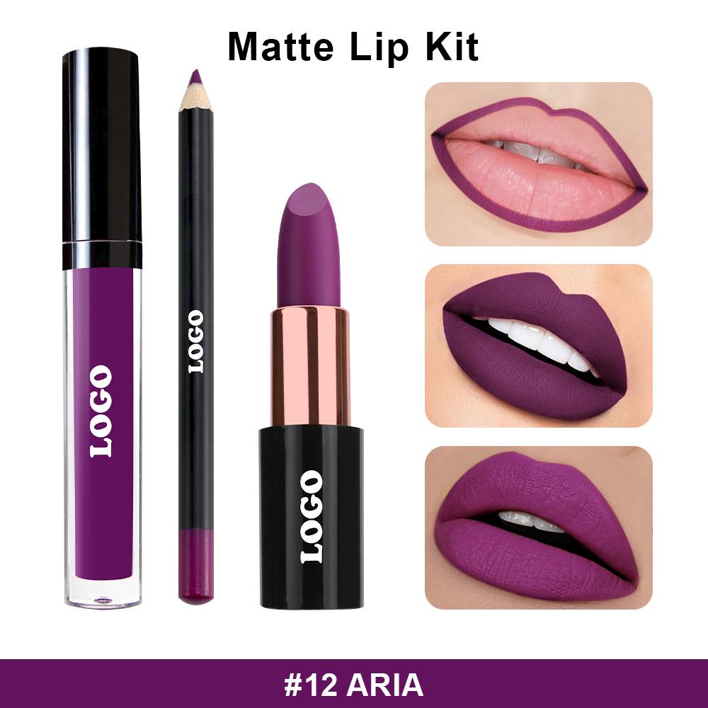 Матовый набор для губ 3-в-1: Помада, подводка и блеск - водостойкие, нелипкие, не выцветают