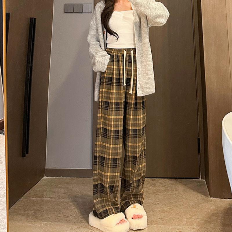 Red Plaid Pants and Velvet Padded Straight Pants Women's Autumn and Winter High Waist Drawstring Pants Loose Informal Wide-leg Pants
