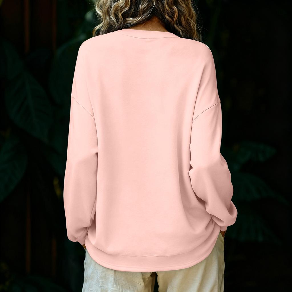 Women's Fashionable And Casual Loose Solid Color Long Sleeved Round Neck Pullover Top