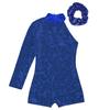 Girls Sparkly Sequin Gymnastics Leotard One Shoulder Long Sleeve Bodysuit with Hair Tie Jazz Dancewear