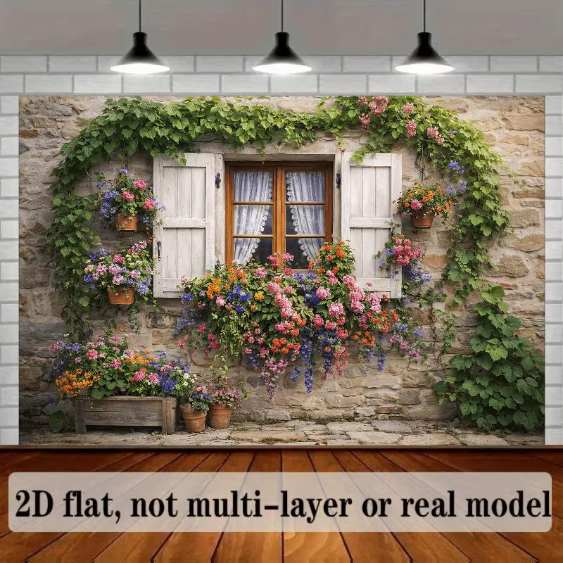 2D Vintage Stone House with Flower Boxes & Ivy Backdrop Photo Background