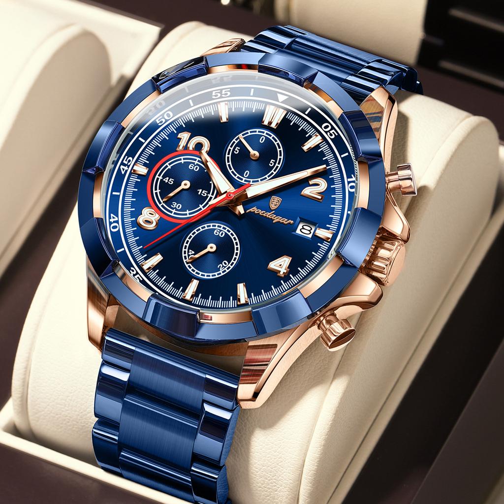 POEDAGAR Модные мужские наручные часы Светящиеся Водонепроницаемые из нержавеющей стали Мужские часы Хронограф Дата Бизнес Кварцевые часы для мужчин