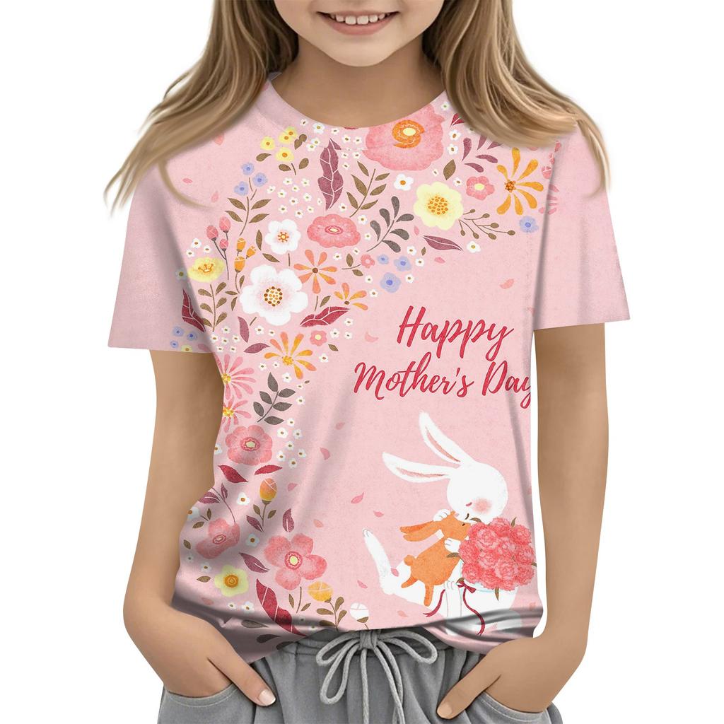 Children's Fashion Casual Short Sleeve Mother's Day Printed Round Neck T-Shirt Top