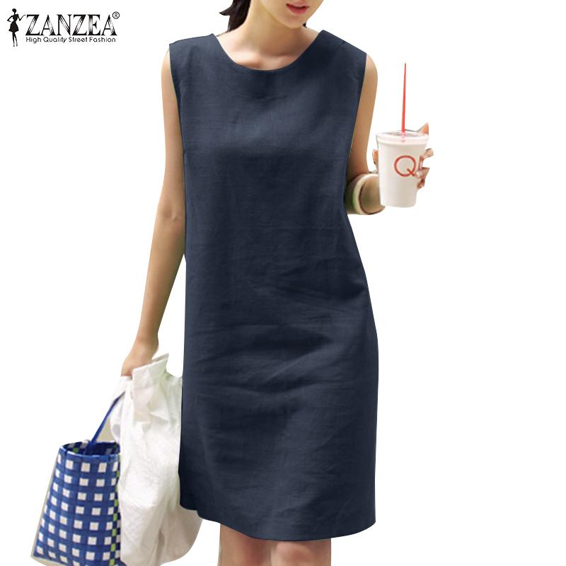 ZANZEA Женское летнее хлопковое платье-майка без рукавов с круглым вырезом