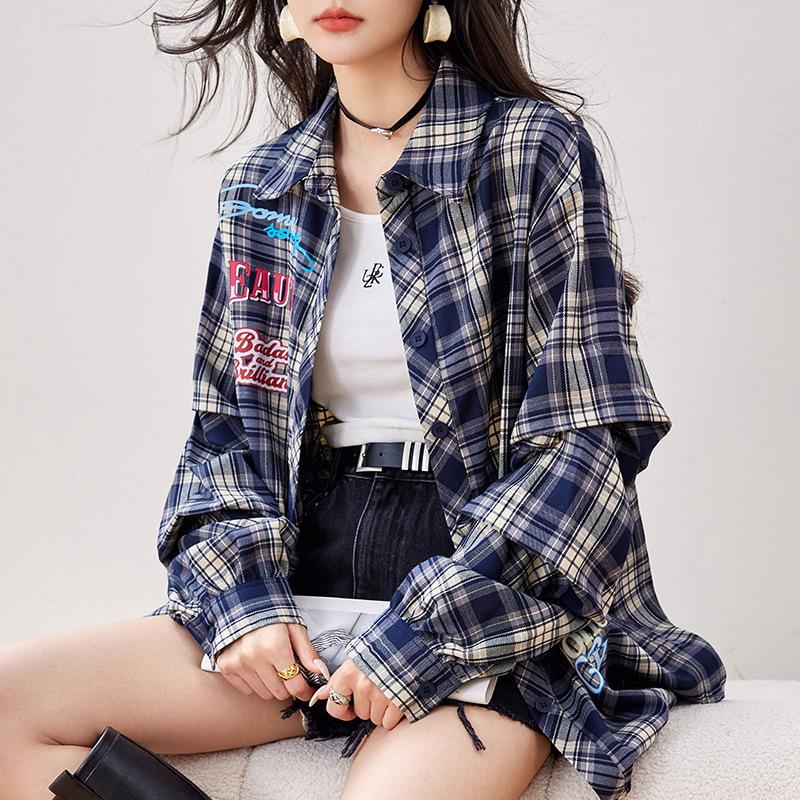 Ladies Autumn Check Loose Shirt Vintage Top