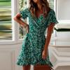 Boho Floral Print Ruffles Women Dress Summer Sexy V Neck Short Sleeve A Line Chiffon Mini Dresses Beach Vacation Sundress