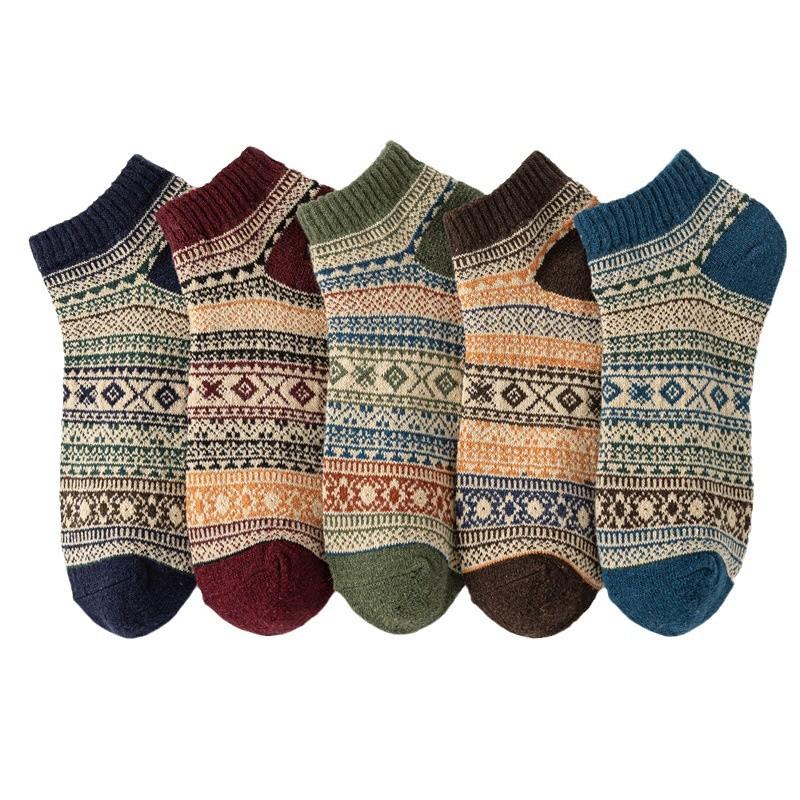 5/10 Pairs Retro Ethnic Style Men's Socks Autumn Winter Thickened Warm Short Length Men's Wool Socks Low Top Boat Socks Comfortable
