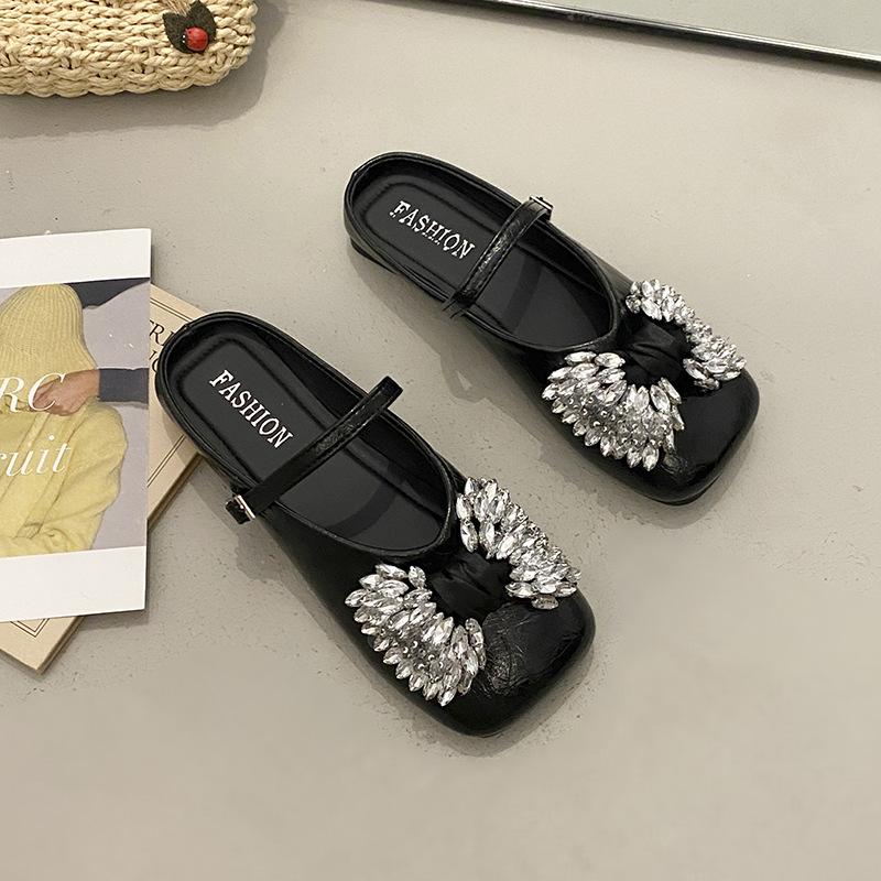Rhinestone Bow Mary Jane Shoes Women's 2025 Summer New Soft-soled Bag Head Slippers One Word with Light Mouth Cold Slippers