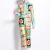Runway Designer Vintage Print Pant Two Piece Set for Women Turn-down Shirt And Ankle Length Trousers Office Business Suit