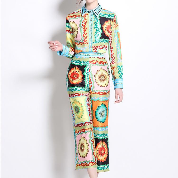 Runway Designer Vintage Print Pant Two Piece Set for Women Turn-down Shirt And Ankle Length Trousers Office Business Suit