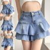 Vintage Denim Shorts Skirts Women Summer 2024 Streetwear Washed Kawaii Cute Sexy Ruffles Mini Jeans Saias Female