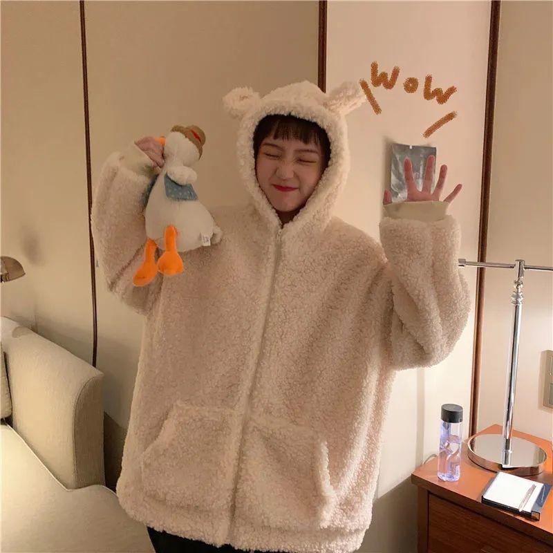 Harajuku Kawaii Zipper Hoodie Women Sweatshirt Japanese Frog Thick Oversized Lambs Wool Coats Trend Warm Winter Clothes