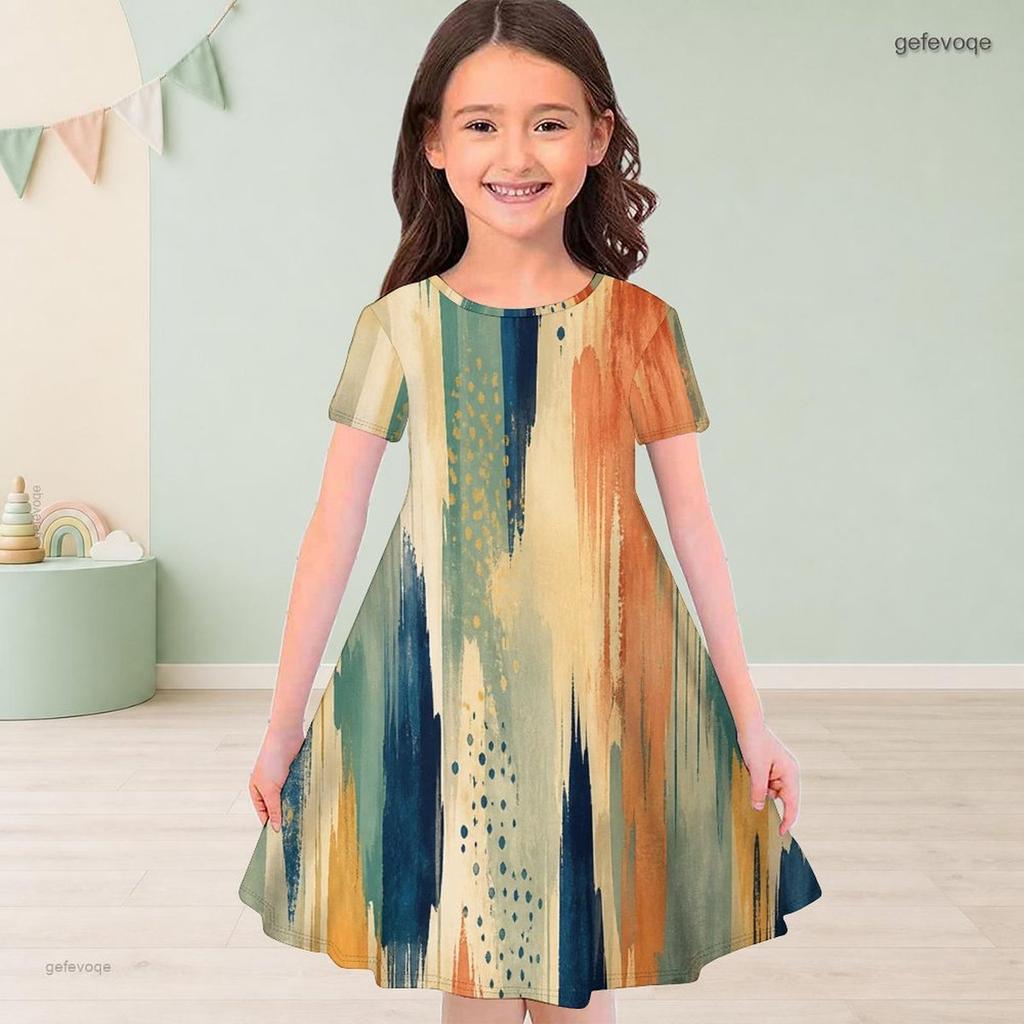 Girls Round Neck Short Sleeve Printed A Line Flared Dress